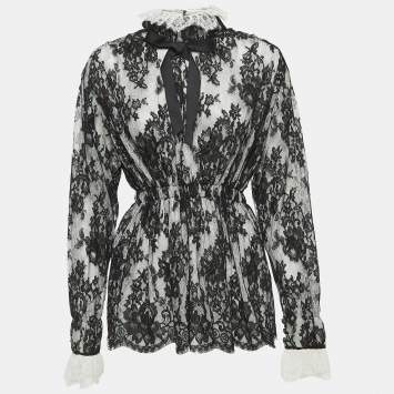 Pre Owned Chanel Black/White Floral Lace Elasticated Waist Salzburg Blouse L 