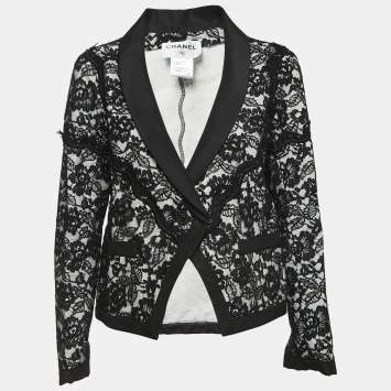 Pre Owned Chanel Black/White Floral Lace Single Button Blazer L