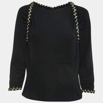 Pre Owned Chanel Black Silk Knit Size Zip Detailed Long Sleeve Top XL