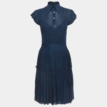 Pre Owned Chanel Dark Turquoise Blue Pleated Knit Short Dress M