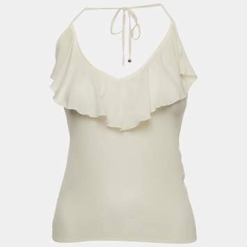 Pre Owned Chanel Off-White Silk Ruffled Halter Neck Top S