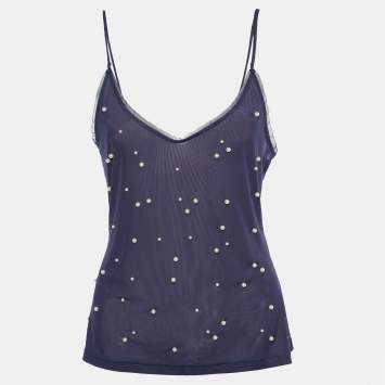Pre Owned Chanel Navy Blue Pearl Embellished Jersey Camisole Top M