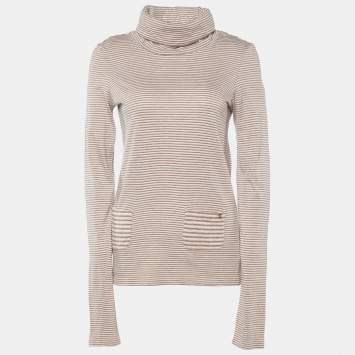 Chanel Brown/Peach Striped Cotton & Angora Knit Turtleneck Sweater M