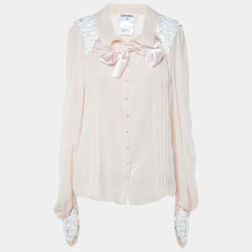 Pre Owned Chanel Pale Pink Silk Embellished Button Front Blouse M
