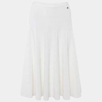 Pre Owned Chanel White Textured Knit Midi Skirt M