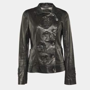 Pre Owned Chanel Black Camelia Cutout Leather Button Front Jacket M