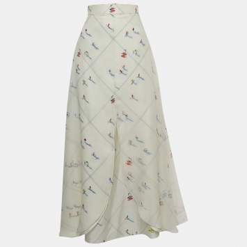 Pre Owned Chanel White Ski Printed Chiffon Maxi Skirt M