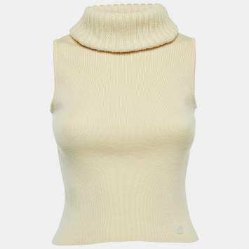 Pre Owned Chanel Vintage Cream Wool Turtle Neck Sleeveless Sweater S