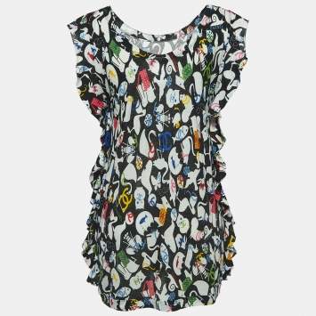 Pre Owned Chanel Black CC Illustration Print Cotton Jersey Ruffled Top L