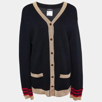 Pre Owned Chanel Black Cashmere & Lurex Knit Button Front Cardigan M