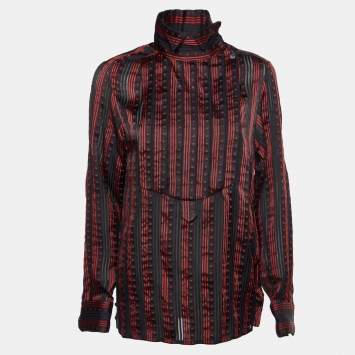 Pre Owned Chanel Black/Red Star Striped Silk Pleated Sheer Shirt L