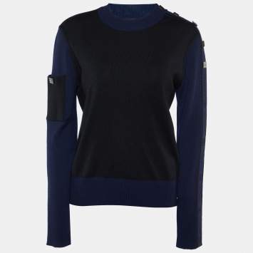 مملوكة مسبقًا Chanel Navy Blue/Black Logo Patterned Wool High Neck Sweater L
