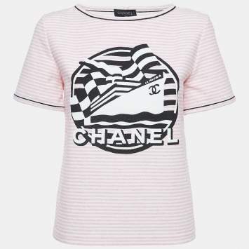 Pre Owned Chanel Pink Striped Logo Printed Terry T-Shirt S