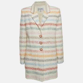 Pre Owned Chanel Multicolor Striped Tweed Long Jacket M