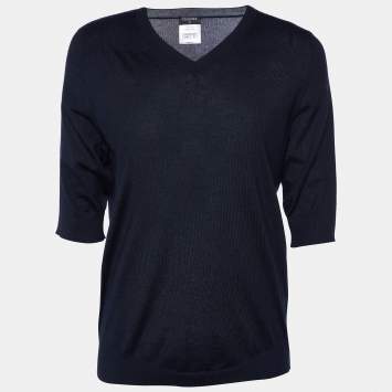 مملوكة مسبقًا Chanel Dark Blue Cashmere & Silk Knit V-Neck Sweater XL