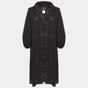 Pre Owned Chanel Black Silk Crochet Pattern Long Coat M