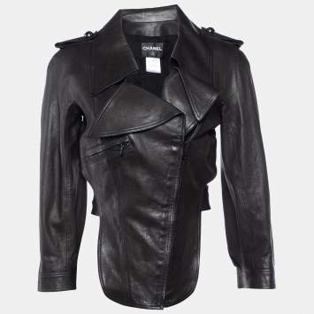 Pre Owned Chanel Black Leather Asymmetric Cropped Jacket S