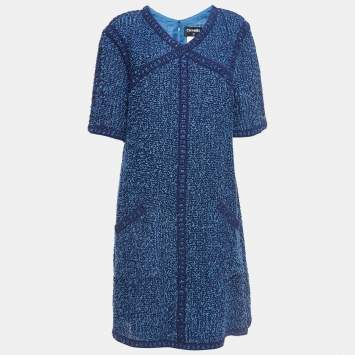 Pre Owned Chanel Blue Embroidered Tweed A-Line Midi Dress L
