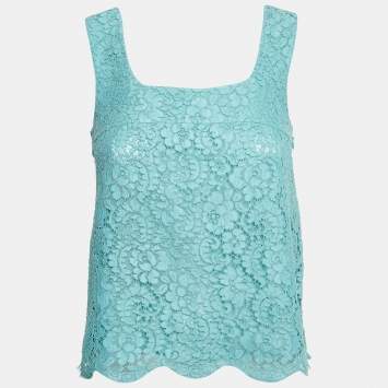 Pre Owned Chanel Blue Floral Pattern Lace Sleeveless Top S