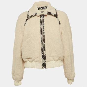 Pre Owned Chanel Off-White Logo Woven Shearling Zipper Jacket S