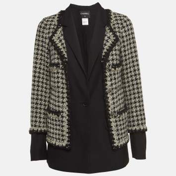 Pre Owned Chanel Black/White Houndstooth Tweed Layered Blazer M