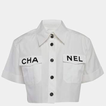 Pre Owned Chanel White Cotton Logo Patch Crop Shirt M