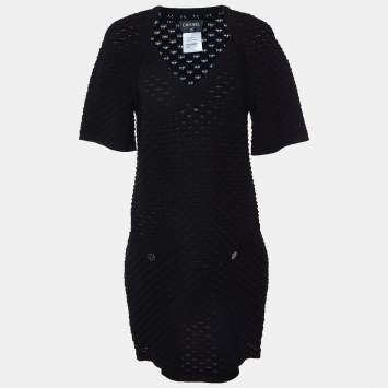 Pre Owned Chanel Black Textured Knit Knee-Length Dress L