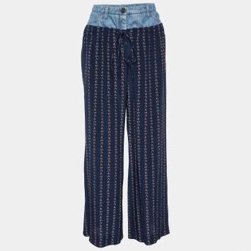 Pre Owned Chanel Navy Blue Printed Silk Denim Waistband Palazzo Pants M