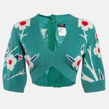 Pre Owned Chanel Blue Floral Intarsia Cashmere Knit Back Buttoned Cropped Sweater S