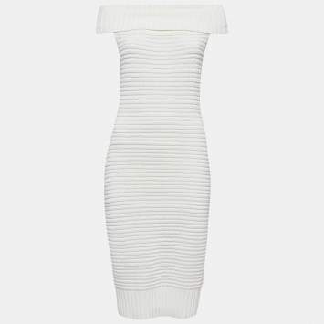 Pre Owned Chanel White Cotton Rib Knit Off-Shoulder Fitted Midi Dress L