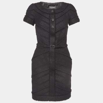 Chanel Black Lurex Tweed Jewel Buttons Detail Belted Mini Dress M