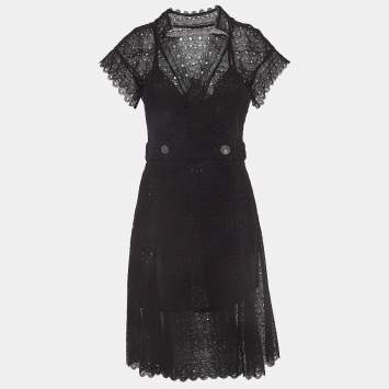 Pre Owned Chanel Black Cotton Crochet Semi Sheer Buttoned Wrap Dress M
