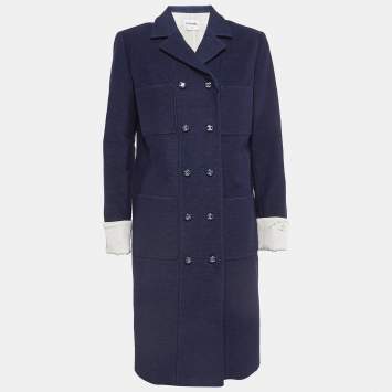 Pre Owned Chanel Blue Cotton Blend Double Breasted Mid-Length Coat M
