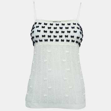 Pre Owned Chanel White Perforated Knit Bow Appliqued Sleeveless Top L