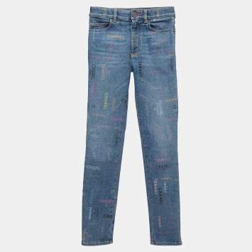 Pre Owned Chanel Blue All-Over Print Denim Stretch Jeans S Waist 24"