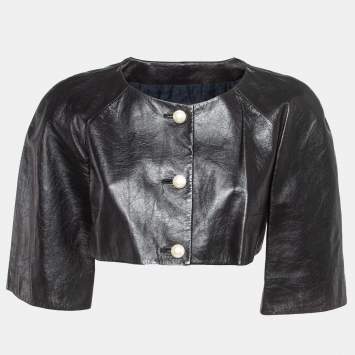 Chanel Black Leather Pearl Button Detail Cropped Jacket M