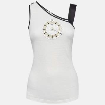 Pre Owned Chanel White Clock Embroidered Knit Tank Top S
