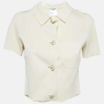 Pre Owned Chanel Off White Lozenge Knit Cropped Shirt S