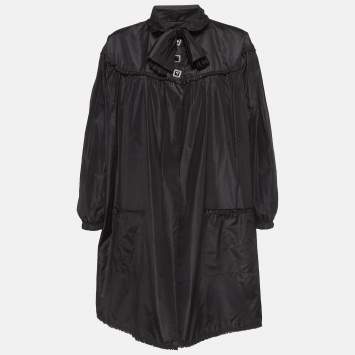 Pre Owned Chanel Black Silk Gathered Yoke Mid-Length Coat M