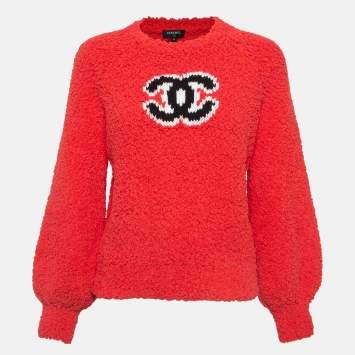 Pre Owned Chanel Red CC Intarsia Teddy Knit Jumper M