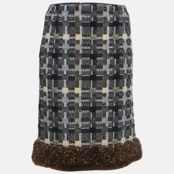 Pre Owned Chanel Black/Grey Patterned Wool Fur Trimmed Skirt S