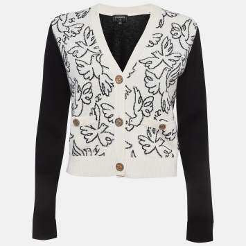Pre Owned Chanel Black/White Bird Intarsia  Cashmere Cardigan M