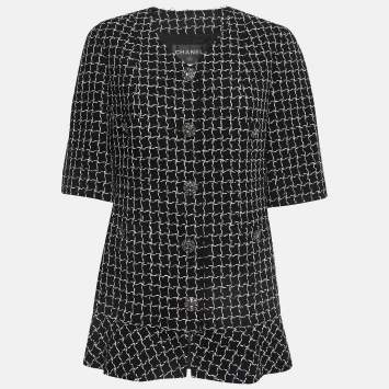 Pre Owned Chanel Black Check Lurex Tweed Short Sleeve  Jacket M