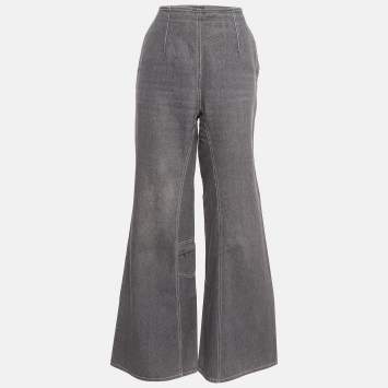 Pre Owned Chanel Grey CC Embellished Denim Flared Jeans L Waist 32"