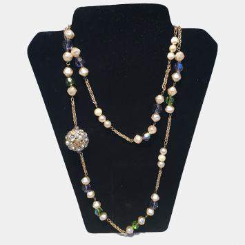 Chanel Vintage Pearl And Green And Purple Beaded Necklace With Crystal Ball