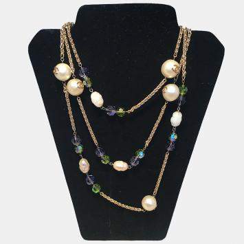 Chanel Vintage Large Pearls And Green And Purple Crystal Bead Gold Necklace