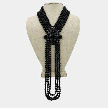 Chanel Black Beaded Multi Strand Emblem Necklace