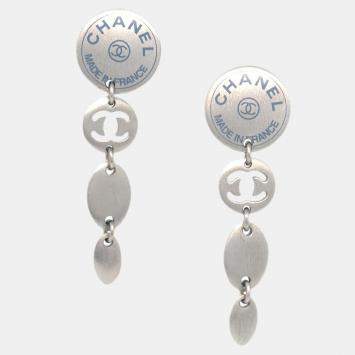 Pre Owned Chanel Button Silver Dangle Piercing Earrings