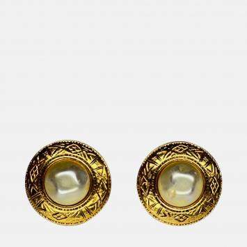 Pre Owned Chanel Vintage Aztec Design and Pearl Clip On Earrings