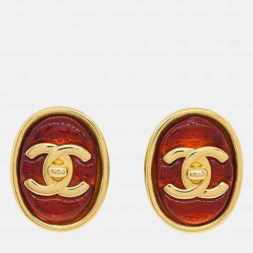 Pre Owned Chanel Gripoix Oval Red Turnlock Earrings